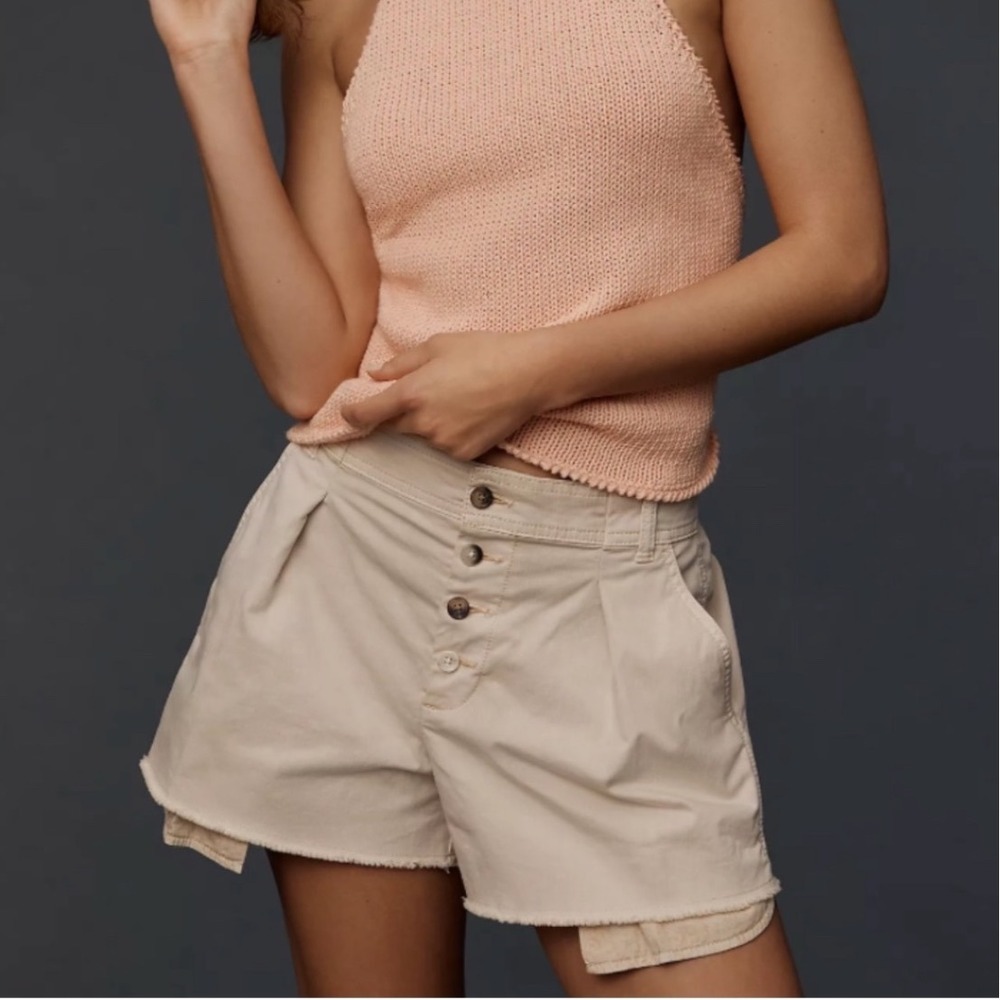 Anthropologie Women Beige Cotton Linen Blend Button Front Pleated Shorts Size M